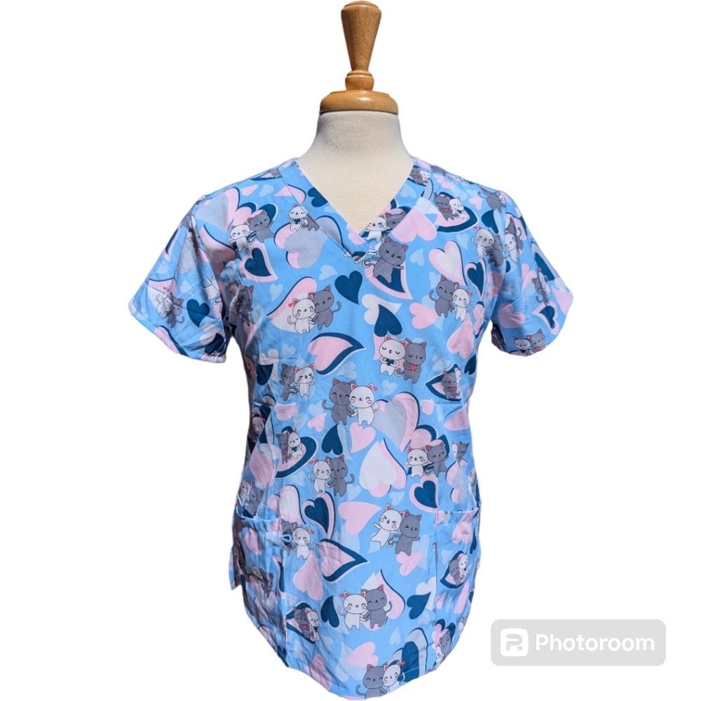 Scrub Top in Blue with Kittens and Hearts Size L